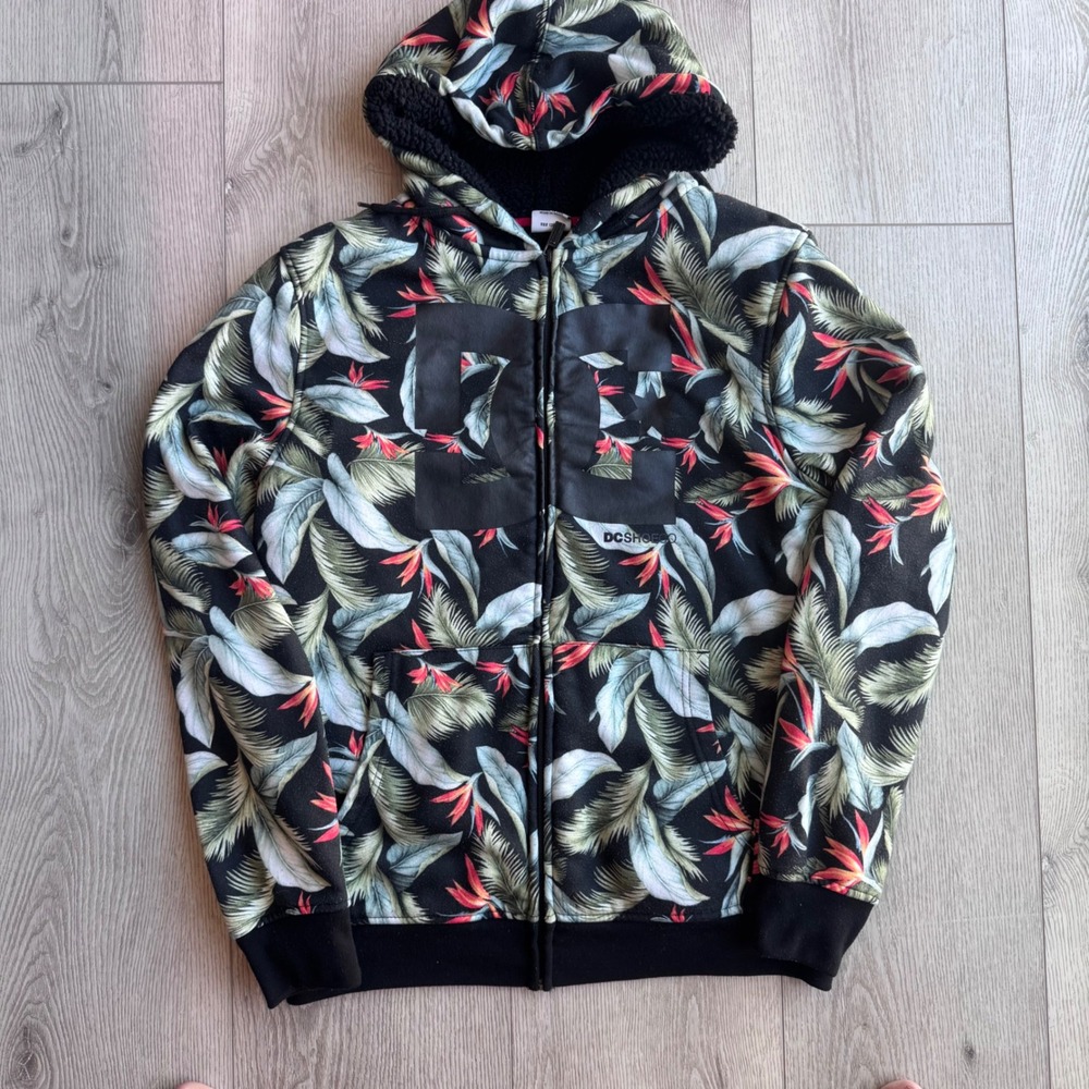 DC Shoes Mens Tropical Bird of Paradise Floral Sherpa Lined Zip Hoodie Black M